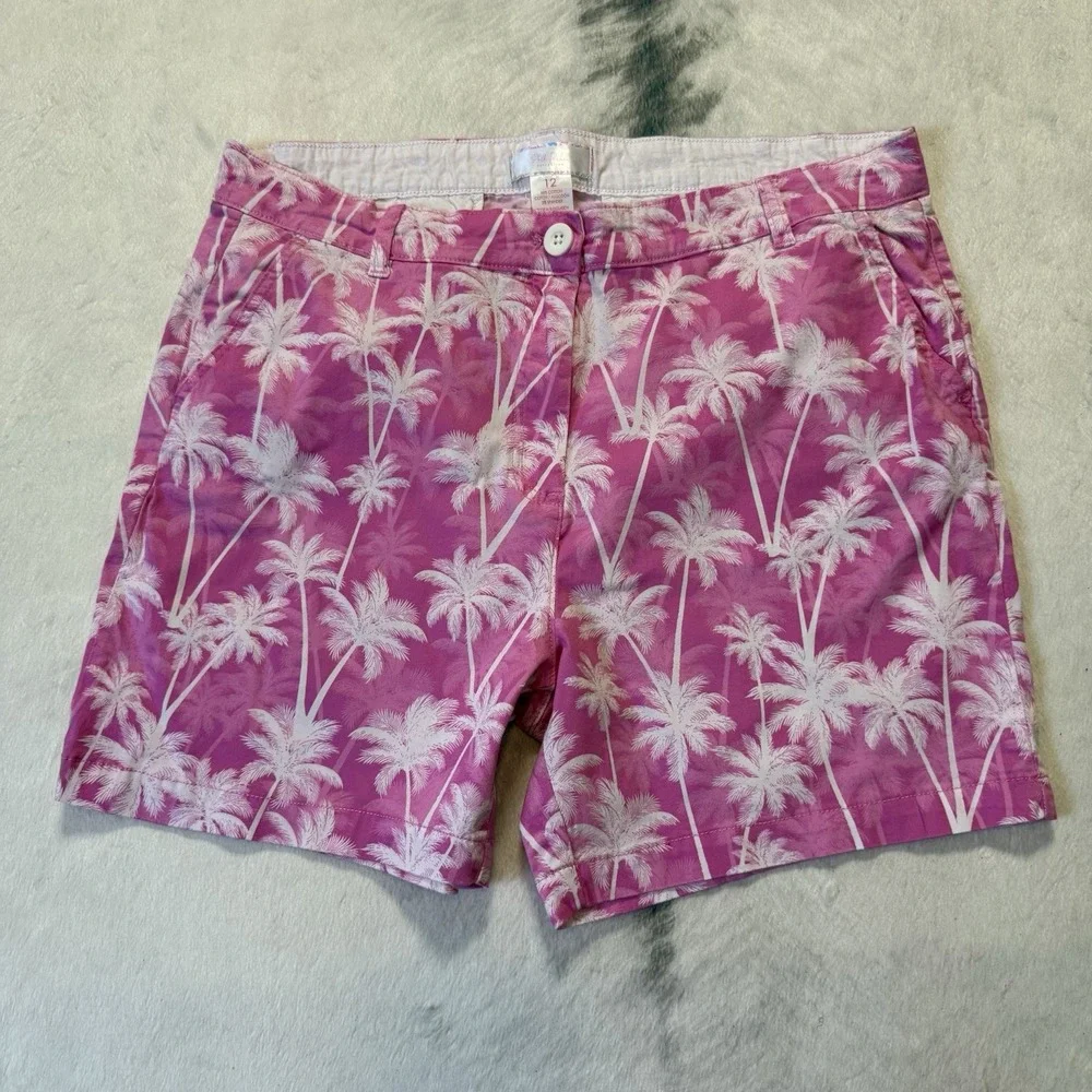 Stella Parker Shorts Womens Size 12 Pink Palm Tree Print Chino Beach Tropical - Picture 1 of 8